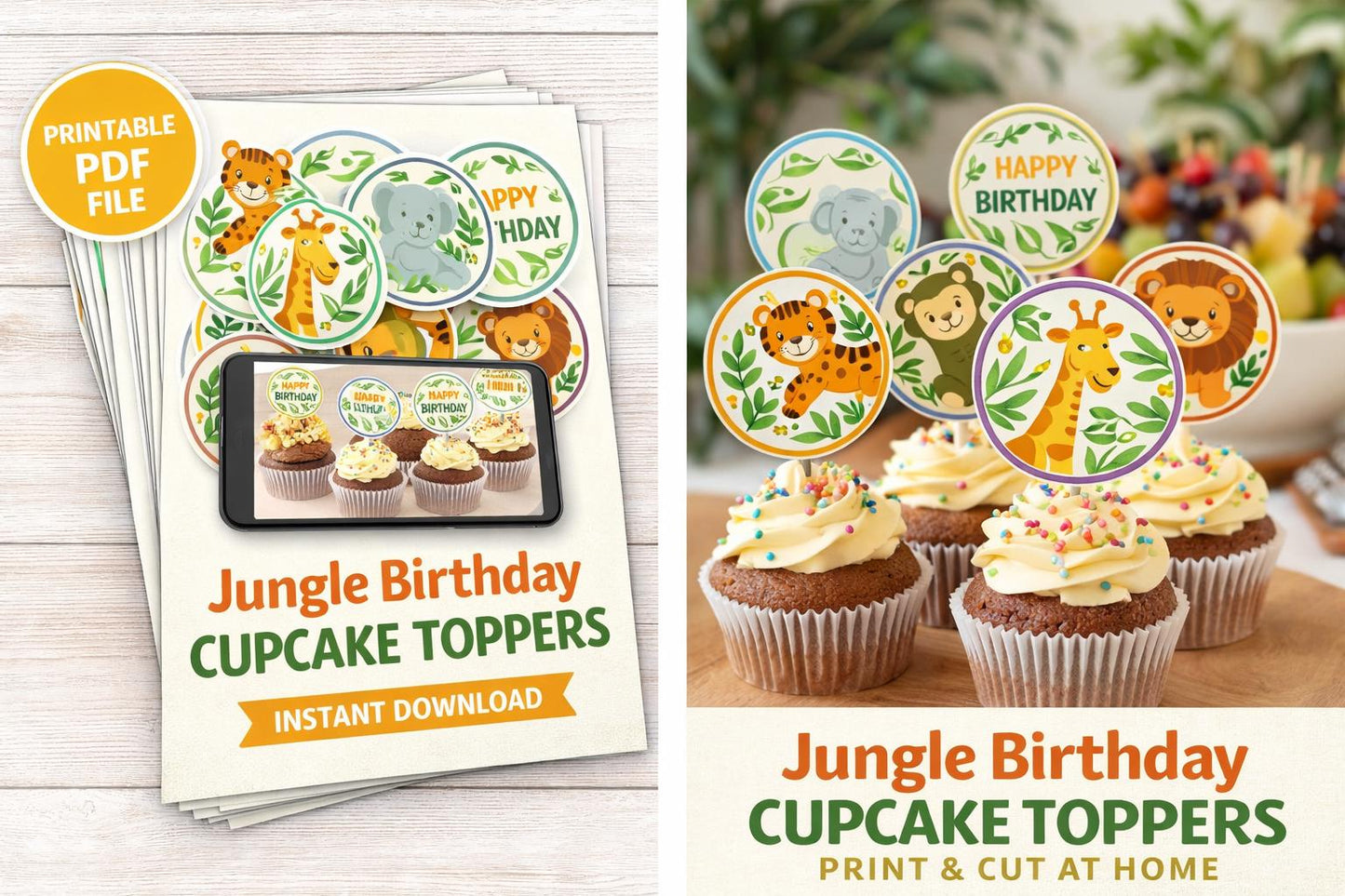 Jungle Birthday Cupcake Toppers Printable | Safari Party Food Picks | Instant Download