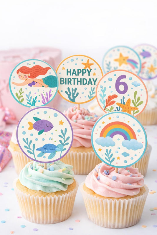 Mermaid Birthday Cupcake Toppers | Editable Canva Toppers | Printable Party Décor
