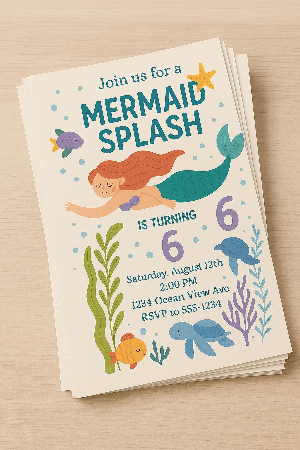 Mermaid Splash Birthday Invitation | Editable Canva Template | Printable Kids Party Invite