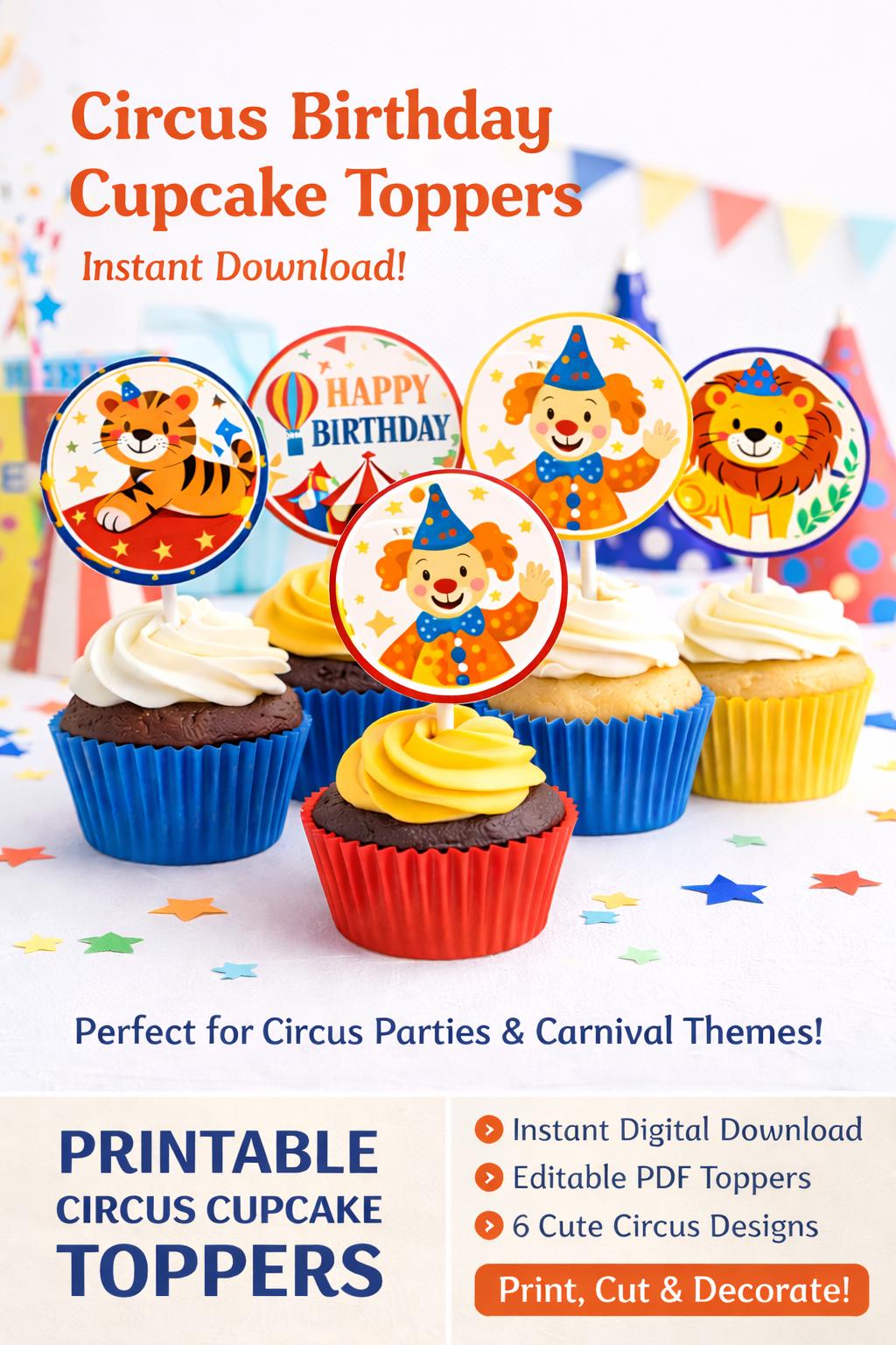 Circus Birthday Cupcake Toppers | Carnival Party Decorations | Editable Printable Cupcake Toppers | Digital Download