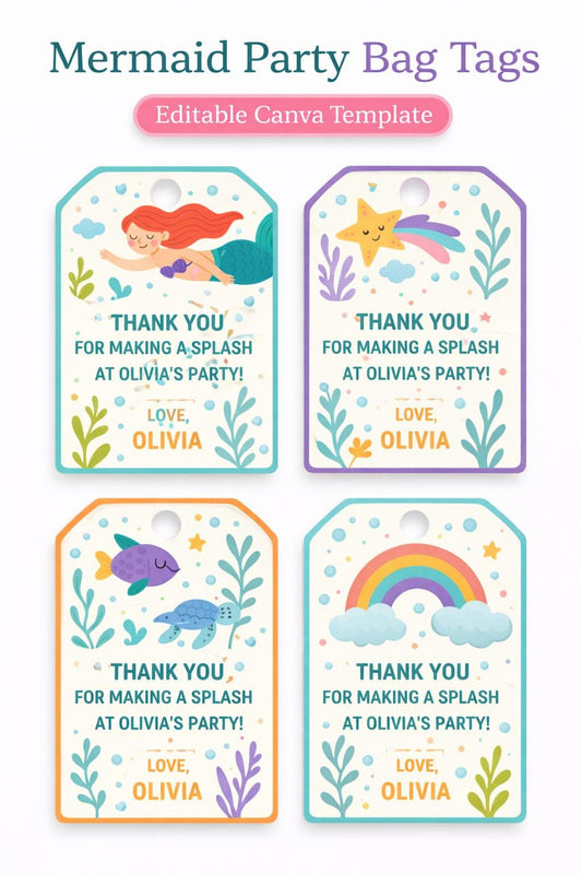 Mermaid Party Bag Tags | Mermaid Thank You Tags | Editable Canva Template | Printable Mermaid Favour Tags